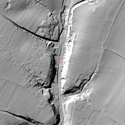 Shaded relief map of the ground around SN104PE, computed from Environment Agency LiDAR. The ground here sits at about 93 m above sea level and falls 26 m across the surrounding 800 m. Surface water reaching this point runs off ground lying to the north-west, 23.9 m higher.