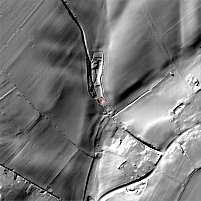 Shaded relief map of the ground around SN104PL, computed from Environment Agency LiDAR. The ground here sits at about 104 m above sea level and falls 38 m across the surrounding 800 m. Surface water reaching this point runs off ground lying to the north-west, 30.0 m higher.