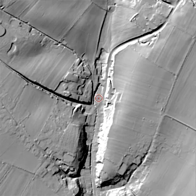 Shaded relief map of the ground around SN104PQ, computed from Environment Agency LiDAR. The ground here sits at about 94 m above sea level and falls 29 m across the surrounding 800 m. Surface water reaching this point runs off ground lying to the north-west, 26.6 m higher.
