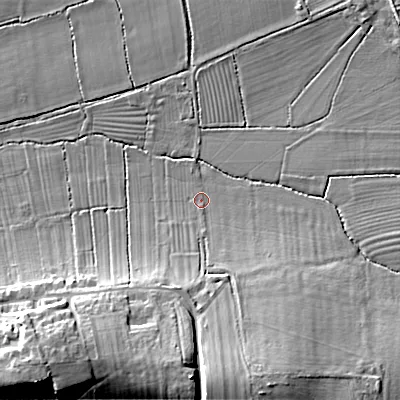 Shaded relief map of the ground around SN105PU, computed from Environment Agency LiDAR. The ground here sits at about 56 m above sea level and falls 14 m across the surrounding 800 m. Surface water reaching this point runs off ground lying to the south-south-east, 11.7 m higher.