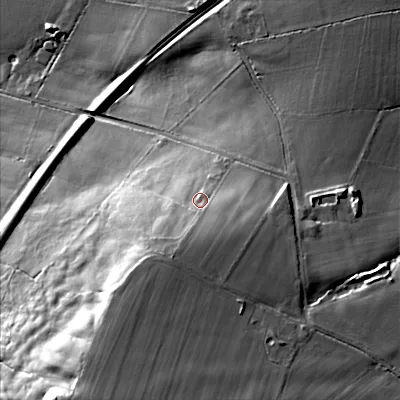 Shaded relief map of the ground around SN105QS, computed from Environment Agency LiDAR. The ground here sits at about 111 m above sea level and falls 38 m across the surrounding 800 m. Surface water reaching this point runs off ground lying to the south, 7.6 m higher.