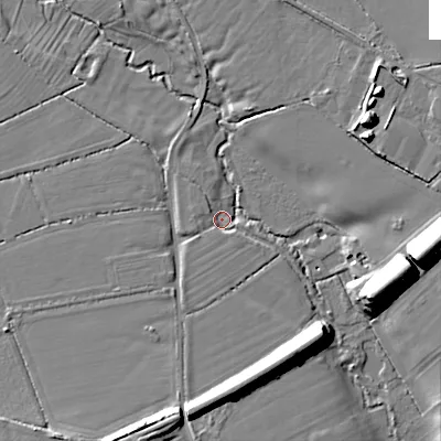 Shaded relief map of the ground around SN105RP, computed from Environment Agency LiDAR. The ground here sits at about 63 m above sea level and falls 17 m across the surrounding 800 m. Surface water reaching this point runs off ground lying to the east, 15.9 m higher.