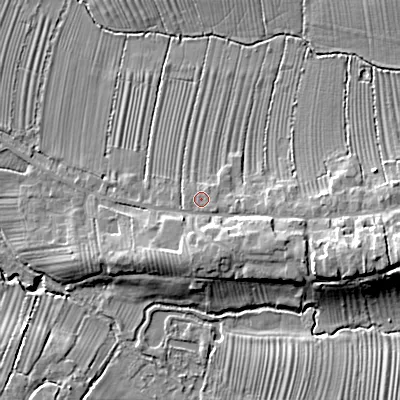 Shaded relief map of the ground around SN105SE, computed from Environment Agency LiDAR. The ground here sits at about 55 m above sea level and falls 14 m across the surrounding 800 m. Surface water reaching this point runs off ground lying to the east-south-east, 0.8 m higher.