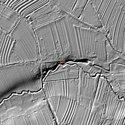 Shaded relief map of the ground around SN105SF, computed from Environment Agency LiDAR. The ground here sits at about 51 m above sea level and falls 6 m across the surrounding 800 m. Surface water reaching this point runs off ground lying to the south-south-east, 5.7 m higher.