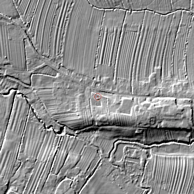 Shaded relief map of the ground around SN105SH, computed from Environment Agency LiDAR. The ground here sits at about 55 m above sea level and falls 12 m across the surrounding 800 m. Surface water reaching this point runs off ground lying to the east, 6.4 m higher.