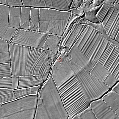 Shaded relief map of the ground around SN105SP, computed from Environment Agency LiDAR. The ground here sits at about 55 m above sea level and falls 7 m across the surrounding 800 m. Surface water reaching this point runs off ground lying to the south-east, 2.5 m higher.