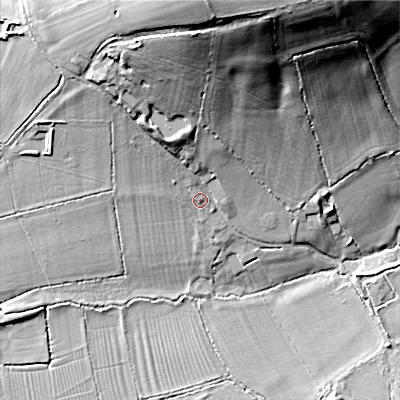 Shaded relief map of the ground around SN105TD, computed from Environment Agency LiDAR. The ground here sits at about 68 m above sea level and falls 45 m across the surrounding 800 m. Surface water reaching this point runs off ground lying to the north, 28.0 m higher.