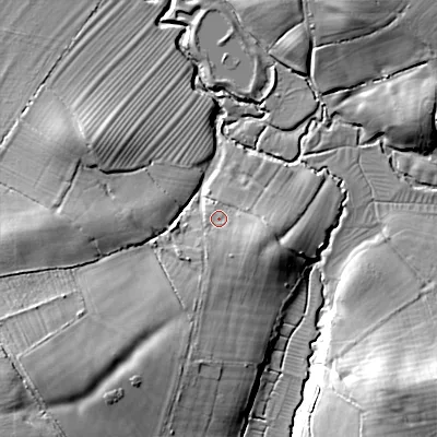 Shaded relief map of the ground around SN105UP, computed from Environment Agency LiDAR. The ground here sits at about 62 m above sea level and falls 23 m across the surrounding 800 m. Surface water reaching this point runs off ground lying to the south-south-west, 7.9 m higher.