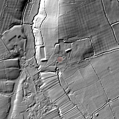 Shaded relief map of the ground around SN105UX, computed from Environment Agency LiDAR. The ground here sits at about 67 m above sea level and falls 17 m across the surrounding 800 m. Surface water reaching this point runs off ground lying to the north-east, 3.8 m higher.