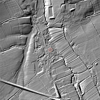 Shaded relief map of the ground around SN105UY, computed from Environment Agency LiDAR. The ground here sits at about 63 m above sea level and falls 14 m across the surrounding 800 m. Surface water reaching this point runs off ground lying to the south, 10.9 m higher.
