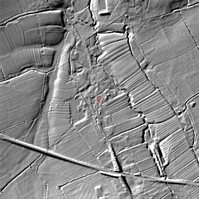 Shaded relief map of the ground around SN105UZ, computed from Environment Agency LiDAR. The ground here sits at about 64 m above sea level and falls 13 m across the surrounding 800 m. Surface water reaching this point runs off ground lying to the south-south-east, 3.2 m higher.