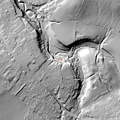 Shaded relief map of the ground around SN110AY, computed from Environment Agency LiDAR. The ground here sits at about 76 m above sea level and falls 26 m across the surrounding 800 m. Surface water reaching this point runs off ground lying to the west, 14.6 m higher.