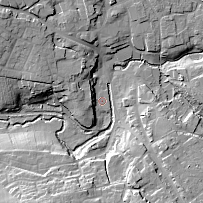 Shaded relief map of the ground around SN110DH, computed from Environment Agency LiDAR. The ground here sits at about 68 m above sea level and falls 22 m across the surrounding 800 m. Surface water reaching this point runs off ground lying to the west-south-west, 7.5 m higher.