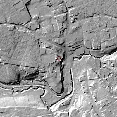 Shaded relief map of the ground around SN110DU, computed from Environment Agency LiDAR. The ground here sits at about 76 m above sea level and falls 23 m across the surrounding 800 m. Surface water reaching this point runs off ground lying to the west-south-west, 4.1 m higher.