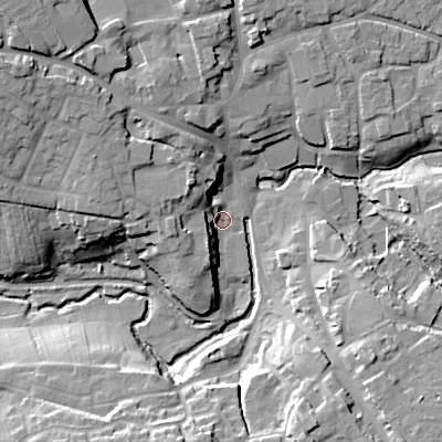 Shaded relief map of the ground around SN110EF, computed from Environment Agency LiDAR. The ground here sits at about 68 m above sea level and falls 22 m across the surrounding 800 m. Surface water reaching this point runs off ground lying to the north-west, 18.0 m higher.