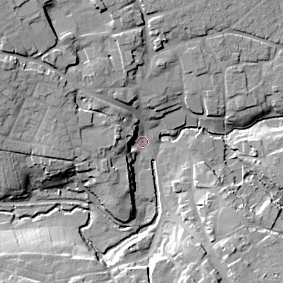 Shaded relief map of the ground around SN110EH, computed from Environment Agency LiDAR. The ground here sits at about 68 m above sea level and falls 21 m across the surrounding 800 m. Surface water reaching this point runs off ground lying to the north-west, 17.2 m higher.