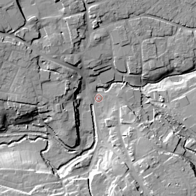 Shaded relief map of the ground around SN110EN, computed from Environment Agency LiDAR. The ground here sits at about 67 m above sea level and falls 21 m across the surrounding 800 m. Surface water reaching this point runs off ground lying to the south-south-east, 16.2 m higher.