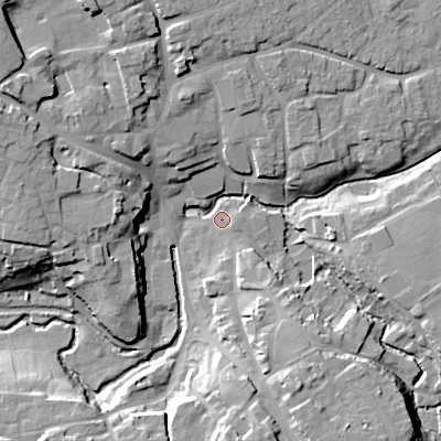 Shaded relief map of the ground around SN110HS, computed from Environment Agency LiDAR. The ground here sits at about 68 m above sea level and falls 19 m across the surrounding 800 m. Surface water reaching this point runs off ground lying to the south-south-east, 13.9 m higher.
