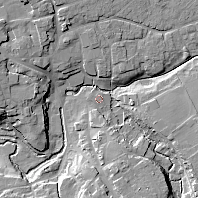 Shaded relief map of the ground around SN110HT, computed from Environment Agency LiDAR. The ground here sits at about 69 m above sea level and falls 18 m across the surrounding 800 m. The ground contributing surface water to this point lies to the north.