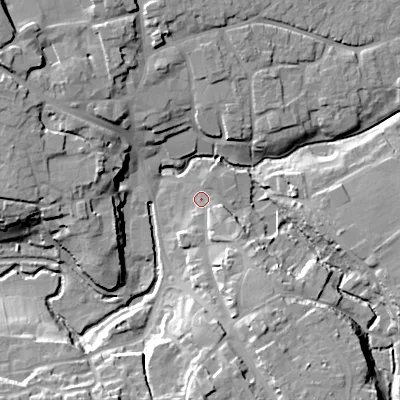 Shaded relief map of the ground around SN110HU, computed from Environment Agency LiDAR. The ground here sits at about 69 m above sea level and falls 19 m across the surrounding 800 m. Surface water reaching this point runs off ground lying to the south, 14.1 m higher.