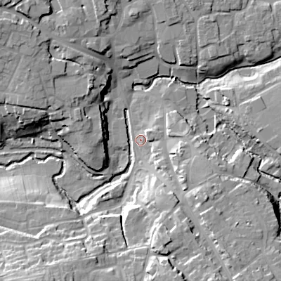 Shaded relief map of the ground around SN110JJ, computed from Environment Agency LiDAR. The ground here sits at about 69 m above sea level and falls 24 m across the surrounding 800 m. Surface water reaching this point runs off ground lying to the south-south-east, 11.2 m higher.