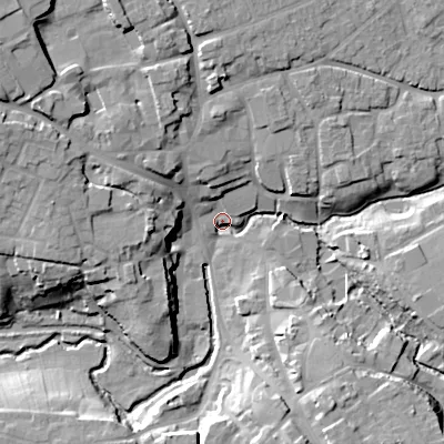 Shaded relief map of the ground around SN110RA, computed from Environment Agency LiDAR. The ground here sits at about 68 m above sea level and falls 21 m across the surrounding 800 m. Surface water reaching this point runs off ground lying to the south-south-east, 15.2 m higher.