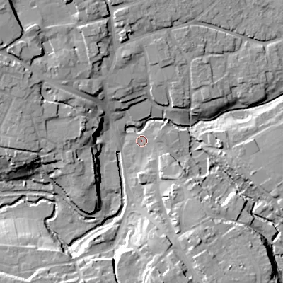 Shaded relief map of the ground around SN110SG, computed from Environment Agency LiDAR. The ground here sits at about 68 m above sea level and falls 20 m across the surrounding 800 m. Surface water reaching this point runs off ground lying to the south, 16.0 m higher.