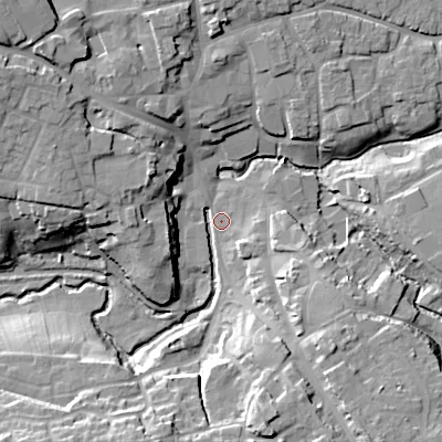 Shaded relief map of the ground around SN110SQ, computed from Environment Agency LiDAR. The ground here sits at about 68 m above sea level and falls 20 m across the surrounding 800 m. Surface water reaching this point runs off ground lying to the north-west, 17.8 m higher.