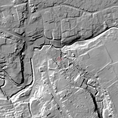 Shaded relief map of the ground around SN118DP, computed from Environment Agency LiDAR. The ground here sits at about 68 m above sea level and falls 19 m across the surrounding 800 m. Surface water reaching this point runs off ground lying to the south, 13.1 m higher.