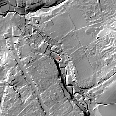 Shaded relief map of the ground around SN118HG, computed from Environment Agency LiDAR. The ground here sits at about 71 m above sea level and falls 25 m across the surrounding 800 m. Surface water reaching this point runs off ground lying to the east-south-east, 20.8 m higher.