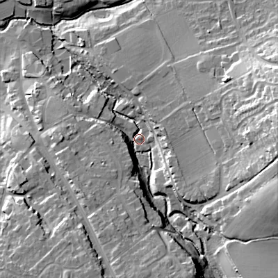 Shaded relief map of the ground around SN118HQ, computed from Environment Agency LiDAR. The ground here sits at about 71 m above sea level and falls 28 m across the surrounding 800 m. Surface water reaching this point runs off ground lying to the east, 22.6 m higher.