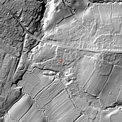 Shaded relief map of the ground around SN118JA, computed from Environment Agency LiDAR. The ground here sits at about 79 m above sea level and falls 15 m across the surrounding 800 m. Surface water reaching this point runs off ground lying to the east-north-east, 7.1 m higher.