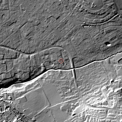 Shaded relief map of the ground around SN118NT, computed from Environment Agency LiDAR. The ground here sits at about 71 m above sea level and falls 29 m across the surrounding 800 m. Surface water reaching this point runs off ground lying to the north, 2.5 m higher.