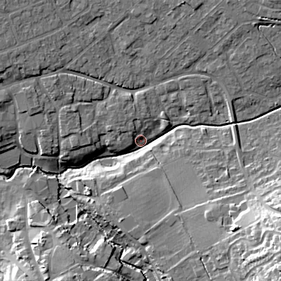 Shaded relief map of the ground around SN118NW, computed from Environment Agency LiDAR. The ground here sits at about 69 m above sea level and falls 26 m across the surrounding 800 m. Surface water reaching this point runs off ground lying to the south-east, 24.6 m higher.