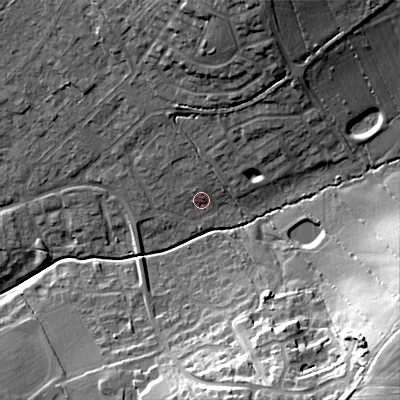 Shaded relief map of the ground around SN118NZ, computed from Environment Agency LiDAR. The ground here sits at about 72 m above sea level and falls 30 m across the surrounding 800 m. Surface water reaching this point runs off ground lying to the north-north-west, 1.9 m higher.