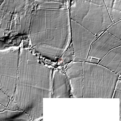 Shaded relief map of the ground around SN118PR, computed from Environment Agency LiDAR. The ground here sits at about 84 m above sea level and falls 10 m across the surrounding 800 m. Surface water reaching this point runs off ground lying to the north-north-east, 3.1 m higher.
