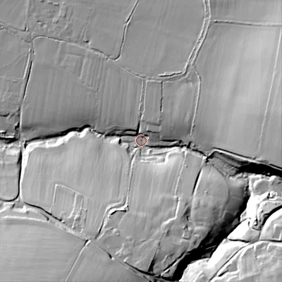 Shaded relief map of the ground around SN118QF, computed from Environment Agency LiDAR. The ground here sits at about 88 m above sea level and falls 36 m across the surrounding 800 m. Surface water reaching this point runs off ground lying to the south-south-west, 32.9 m higher.