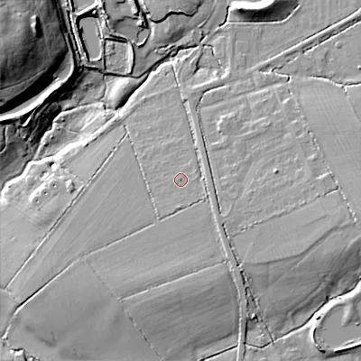 Shaded relief map of the ground around SN118QT, computed from Environment Agency LiDAR. The ground here sits at about 90 m above sea level and falls 25 m across the surrounding 800 m. Surface water reaching this point runs off ground lying to the east-south-east, 1.7 m higher.