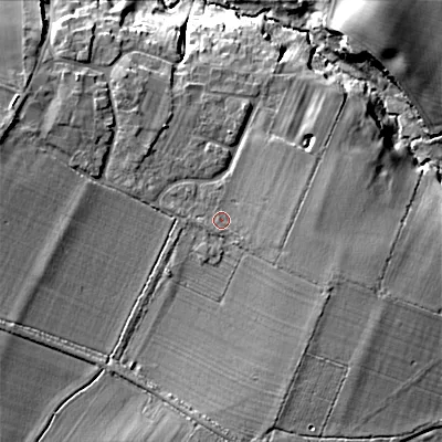 Shaded relief map of the ground around SN118SH, computed from Environment Agency LiDAR. The ground here sits at about 93 m above sea level and falls 18 m across the surrounding 800 m. Surface water reaching this point runs off ground lying to the east-south-east, 2.5 m higher.