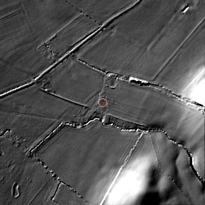 Shaded relief map of the ground around SN118SZ, computed from Environment Agency LiDAR. The ground here sits at about 103 m above sea level and falls 24 m across the surrounding 800 m. Surface water reaching this point runs off ground lying to the east-south-east, 3.4 m higher.