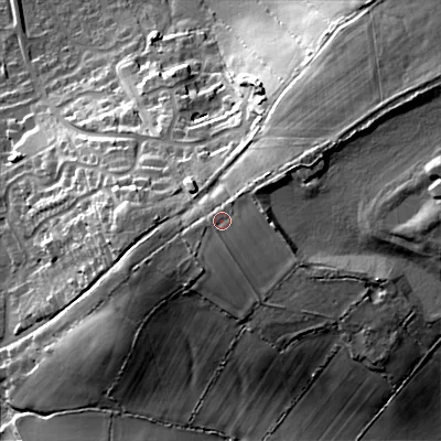 Shaded relief map of the ground around SN118TR, computed from Environment Agency LiDAR. The ground here sits at about 98 m above sea level and falls 29 m across the surrounding 800 m. Surface water reaching this point runs off ground lying to the south-south-east, 1.3 m higher.