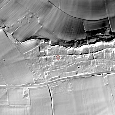Shaded relief map of the ground around SN118XR, computed from Environment Agency LiDAR. The ground here sits at about 105 m above sea level and falls 47 m across the surrounding 800 m. Surface water reaching this point runs off ground lying to the south-east, 36.5 m higher.