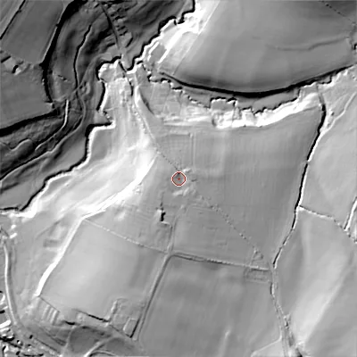 Shaded relief map of the ground around SN119JX, computed from Environment Agency LiDAR. The ground here sits at about 75 m above sea level and falls 32 m across the surrounding 800 m. Surface water reaching this point runs off ground lying to the south-south-west, 5.7 m higher.