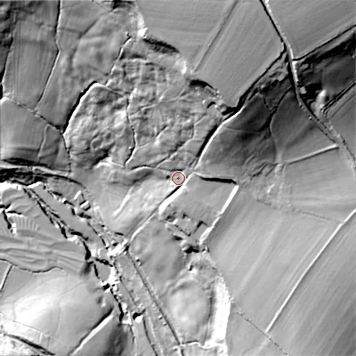 Shaded relief map of the ground around SN119LJ, computed from Environment Agency LiDAR. The ground here sits at about 82 m above sea level and falls 65 m across the surrounding 800 m. Surface water reaching this point runs off ground lying to the north-north-east, 36.0 m higher.