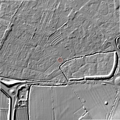 Shaded relief map of the ground around SN126BG, computed from Environment Agency LiDAR. The ground here sits at about 38 m above sea level and falls 8 m across the surrounding 800 m. Surface water reaching this point runs off ground lying to the south-south-east, 1.7 m higher.