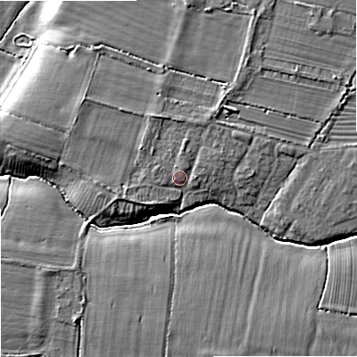 Shaded relief map of the ground around SN126EL, computed from Environment Agency LiDAR. The ground here sits at about 38 m above sea level and falls 8 m across the surrounding 800 m. Surface water reaching this point runs off ground lying to the north-north-west, 1.9 m higher.