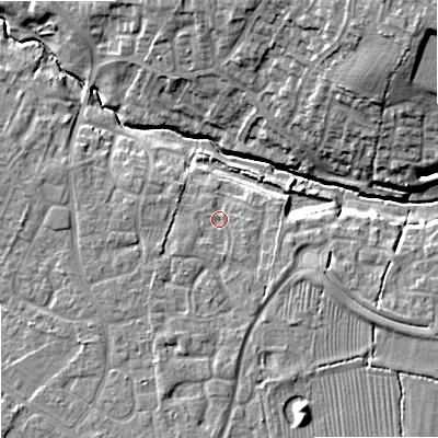 Shaded relief map of the ground around SN126GD, computed from Environment Agency LiDAR. The ground here sits at about 39 m above sea level and falls 15 m across the surrounding 800 m. Surface water reaching this point runs off ground lying to the south-south-west, 2.3 m higher.