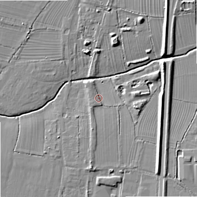 Shaded relief map of the ground around SN126GJ, computed from Environment Agency LiDAR. The ground here sits at about 38 m above sea level and falls 10 m across the surrounding 800 m. Surface water reaching this point runs off ground lying to the south, 4.4 m higher.
