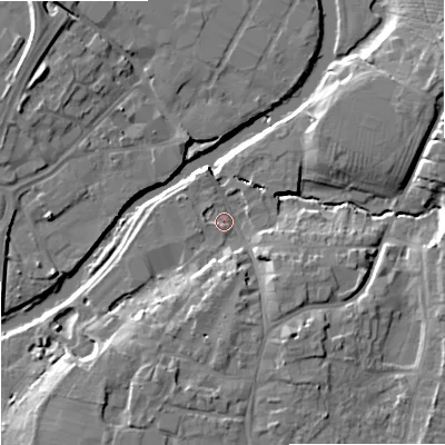 Shaded relief map of the ground around SN126LL, computed from Environment Agency LiDAR. The ground here sits at about 34 m above sea level and falls 10 m across the surrounding 800 m. Surface water reaching this point runs off ground lying to the south-south-east, 9.0 m higher.