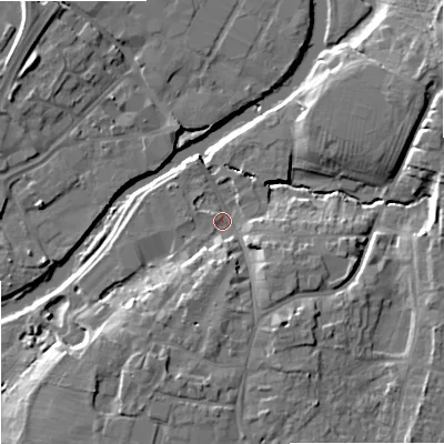Shaded relief map of the ground around SN126LN, computed from Environment Agency LiDAR. The ground here sits at about 34 m above sea level and falls 10 m across the surrounding 800 m. Surface water reaching this point runs off ground lying to the north-east, 9.3 m higher.